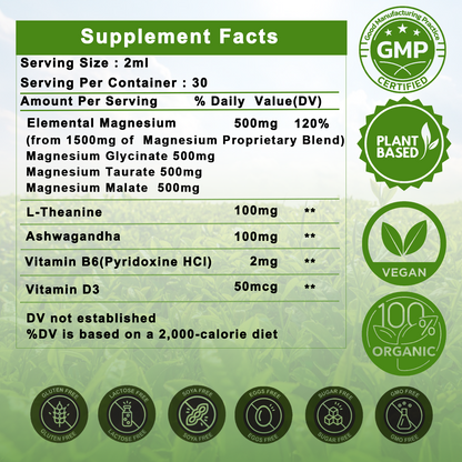 Triple Magnesium Complex | Magnesium Glycinate, Malate & Taurate | Highly Absorption Chelated Form | Magnesium Glycinate Liquid w/L-Theanine, Ashwagandha for Bone, Heart, Muscle Health