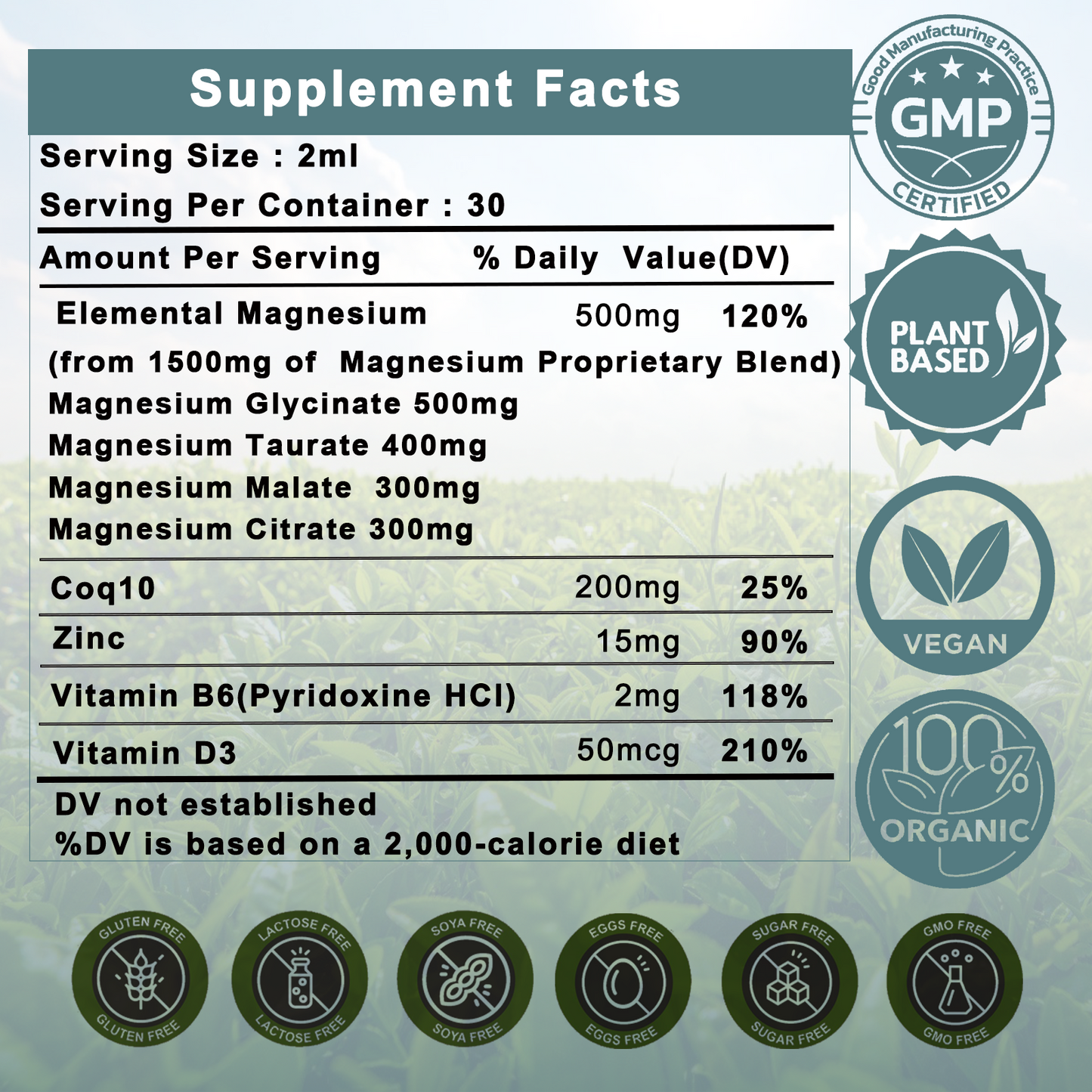 1500mg Magnesium Complex Liquid Drops - High Absorption Triple Magnesium of Liquid Magnesium Glycinate, Taurate & Malate, Added with Coq10, Zinc, Vitamin D3 for Muscles, Nerves & Energy