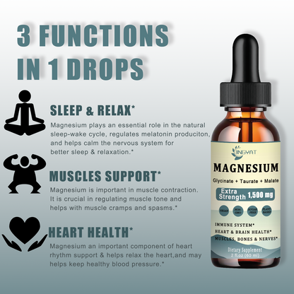 1500mg Magnesium Complex Liquid Drops - High Absorption Triple Magnesium of Liquid Magnesium Glycinate, Taurate & Malate, Added with Coq10, Zinc, Vitamin D3 for Muscles, Nerves & Energy