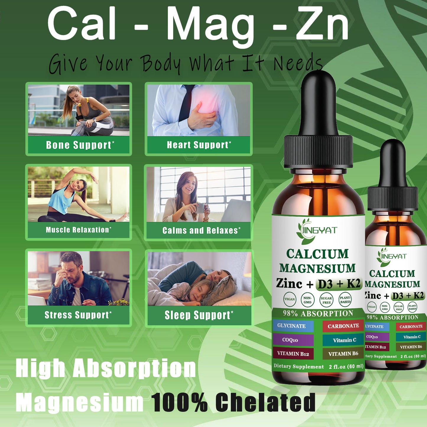 Calcium Magnesium Zinc Liquid Drops, Liquid Magnesium Glycinate 500mg Calcium 1000mg with Vitamin D3,K2,B6,B12,Coq10 for Bone Strength, Muscle Function,6X Stronger Than Gummies Capsules