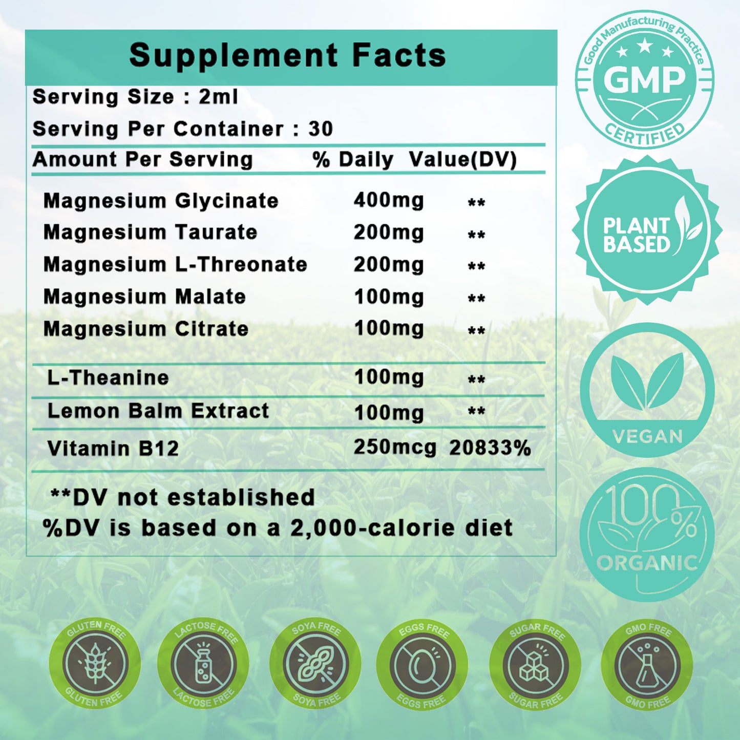 5-in-1 Magnesium Supplement Drops - 1000mg of Magnesium Glycinate, L-Threonate,Citrate,Taurate,Malate and l-theanine - High Absorption Magnesium Liquid